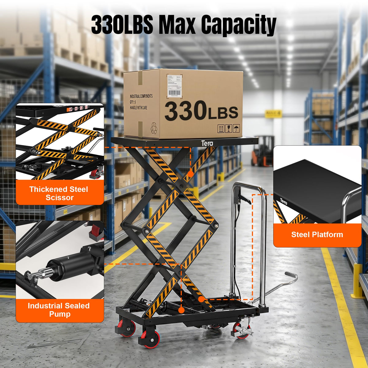 Hydraulic Lift Table Cart: 330lb Double Scissor 49.6" Lift Height