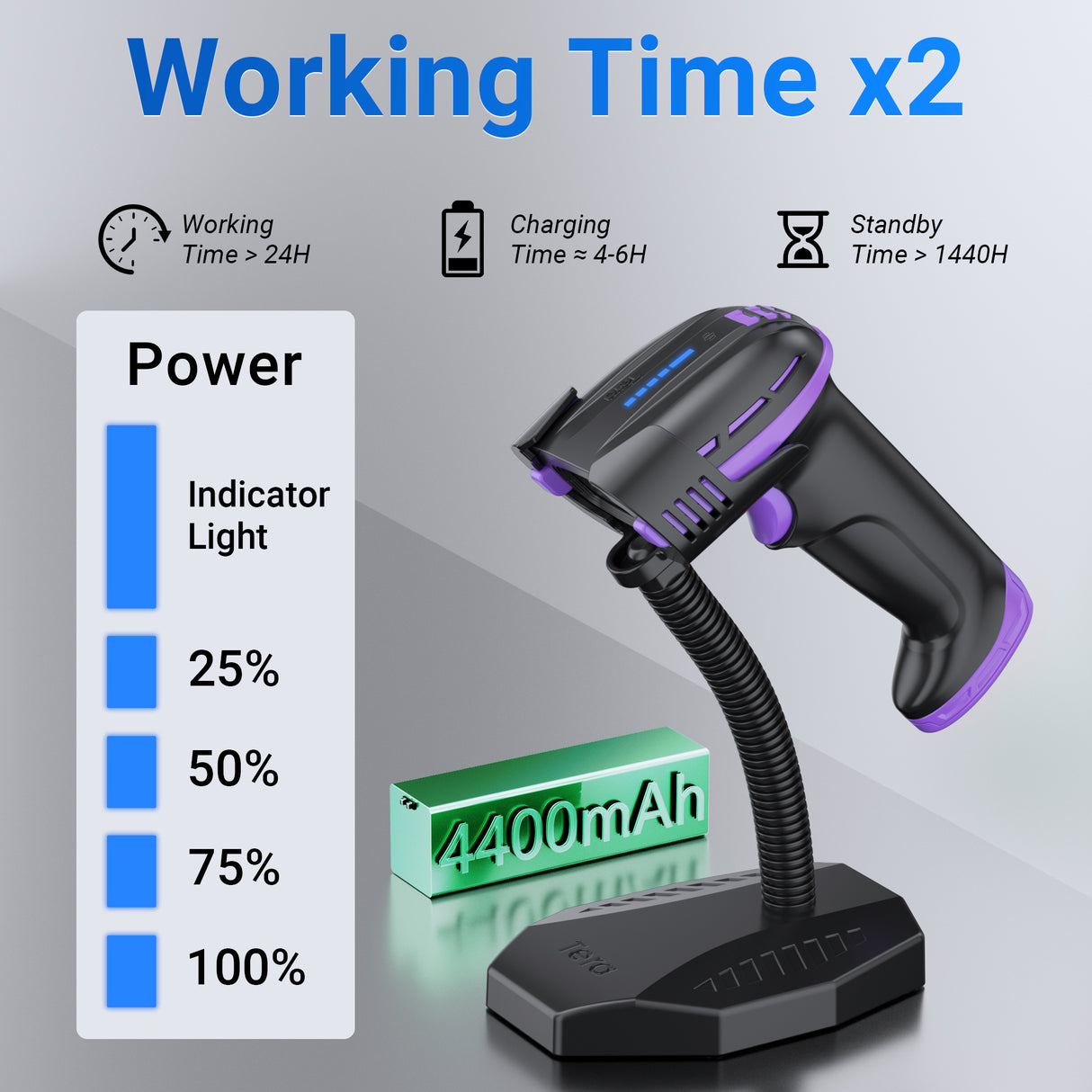 D6100 Pro 2D Wireless Barcode Scanner with Stand Purple