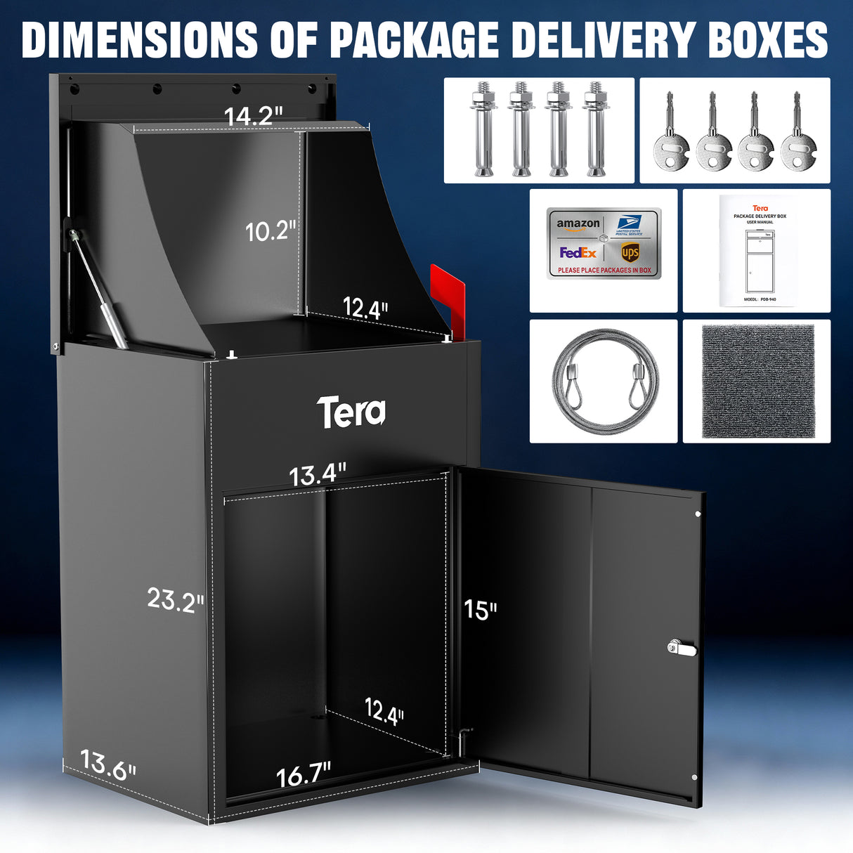 Dimensions of 23-inch anti-theft outdoor package delivery box showing interior storage size, drop slot opening, and included mounting accessories