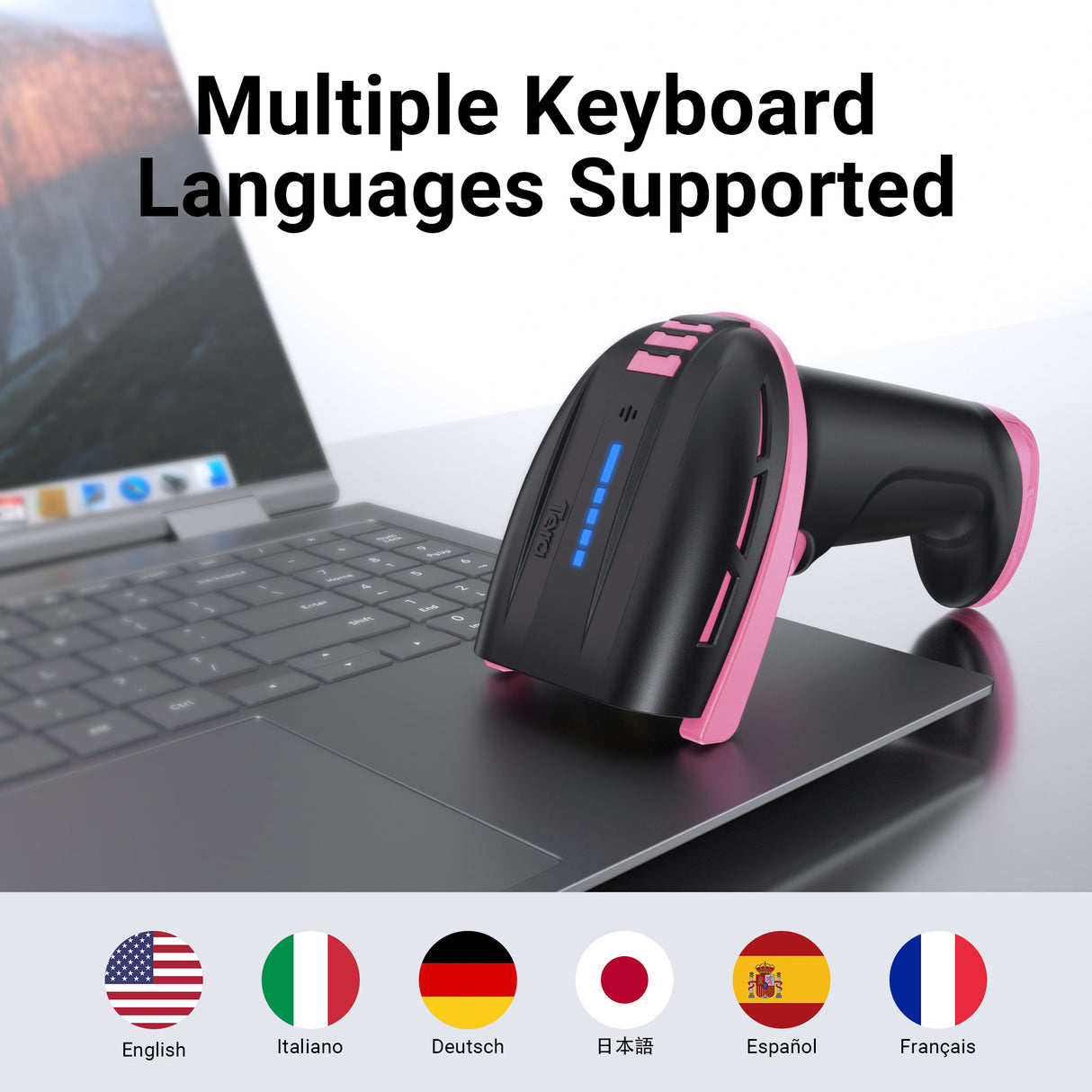 D6100 Pro 2D Wireless Barcode Scanner with Stand Pink