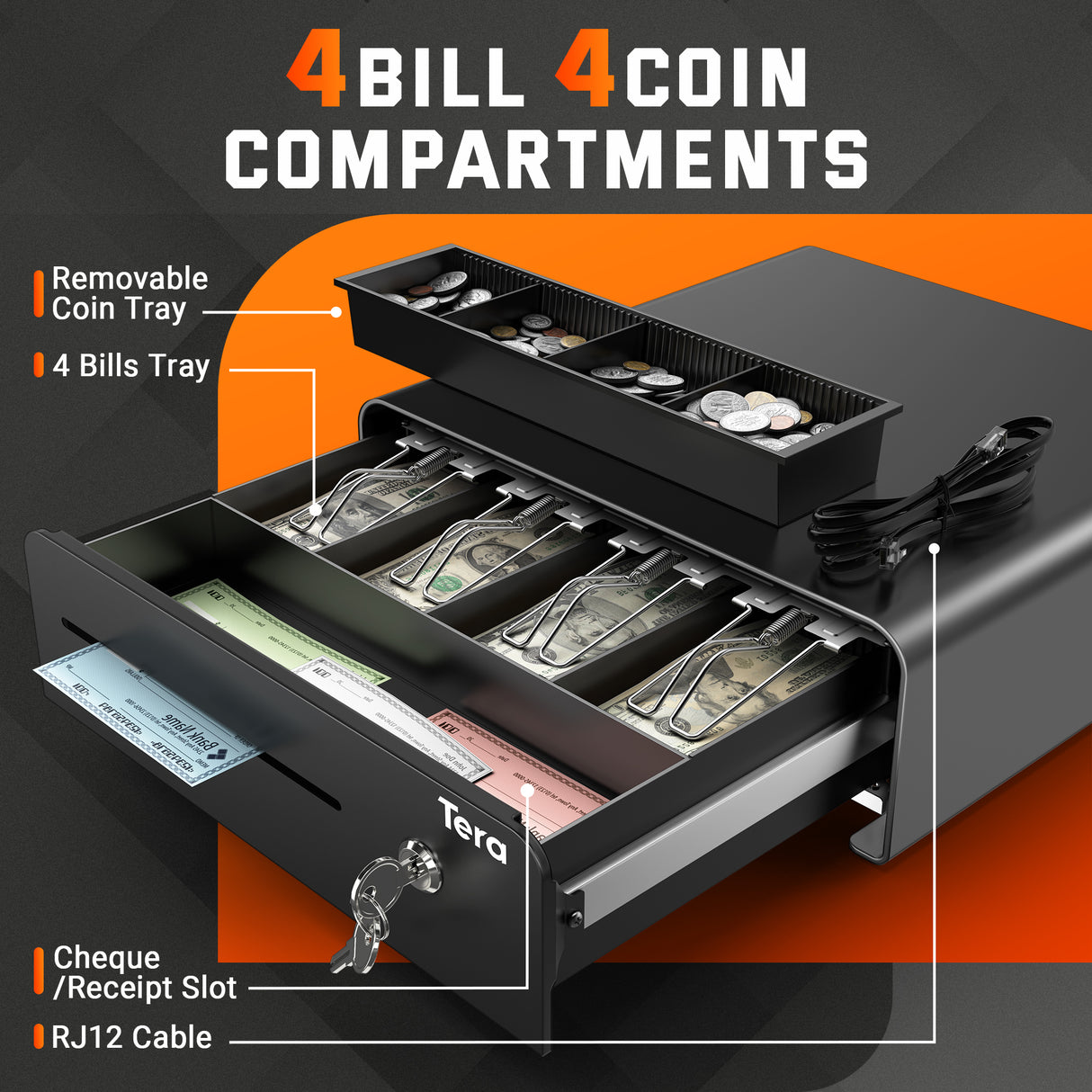 335R 13 Zoll Kassenschublade für 4 Scheine und 4 Münzen