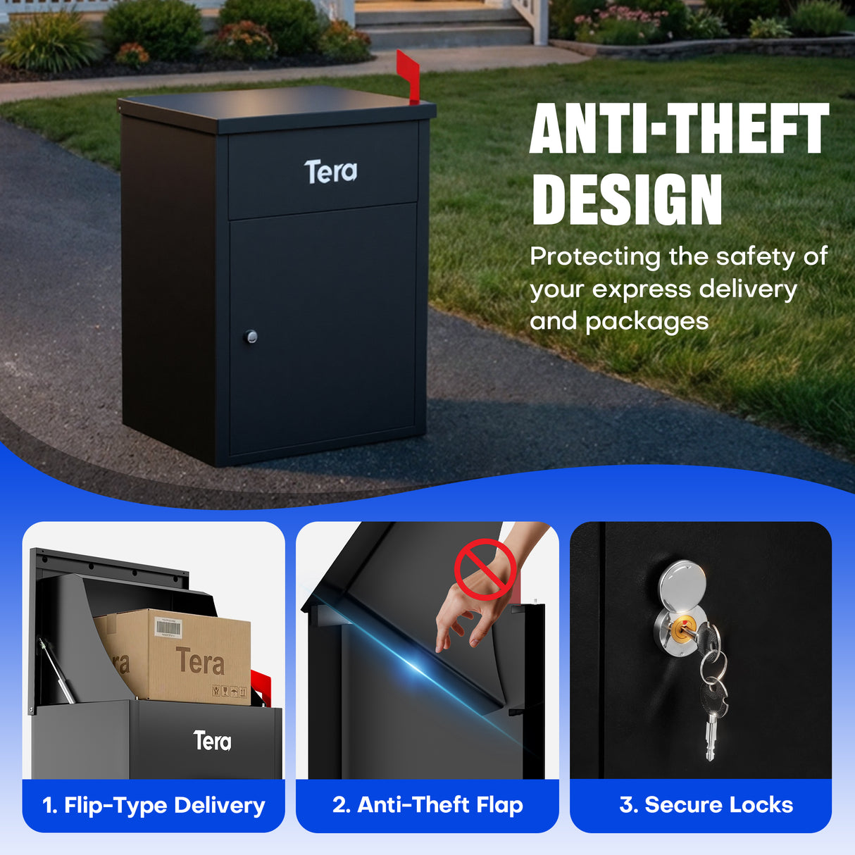 23-inch outdoor anti-theft package delivery box showing secure drop slot, protective flap, and lockable door for safe parcel storage