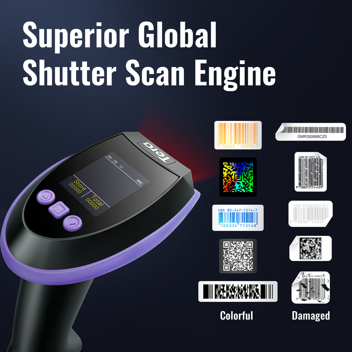 HW0009 2D BarCode Scanner with Display Screen Purple