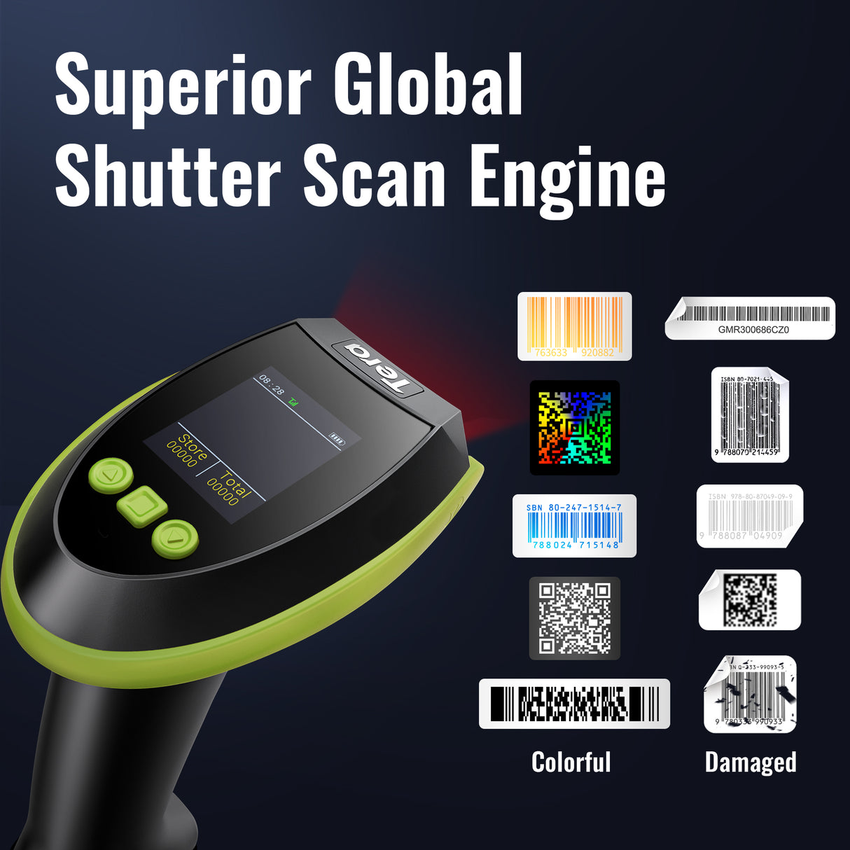 HW0009 2D BarCode Scanner with Display Screen Green