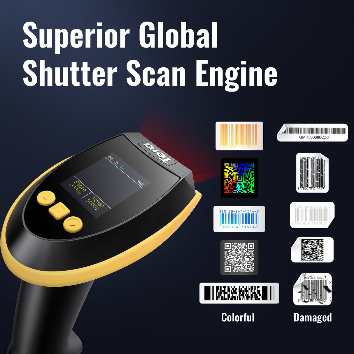 HW0009 2D BarCode Scanner with Display Screen Yellow