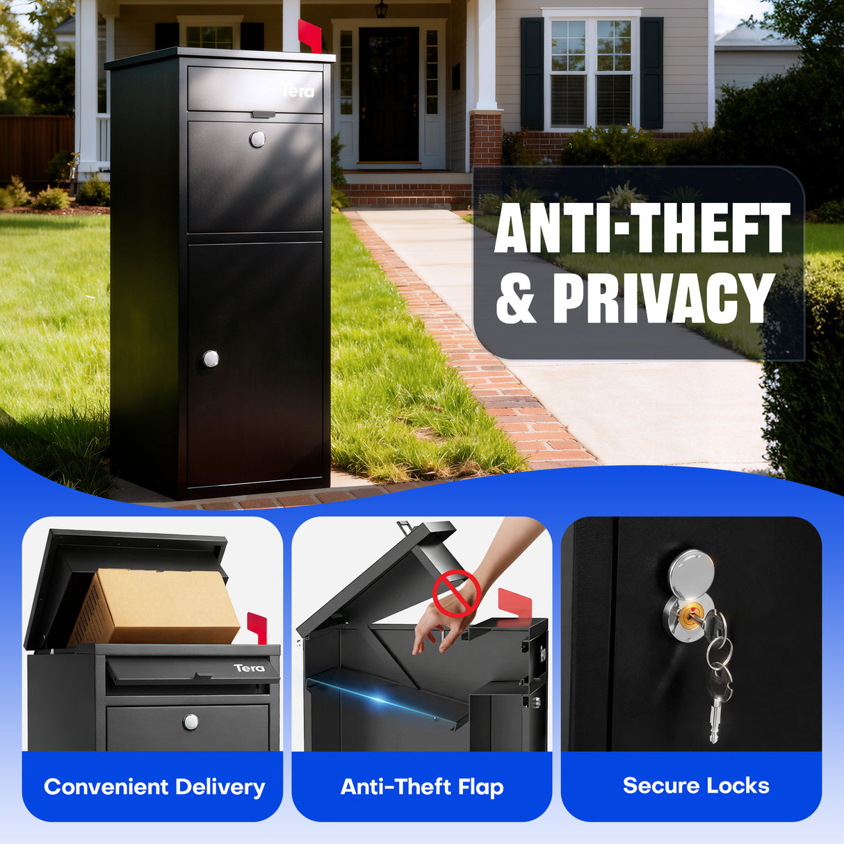 Anti-theft outdoor package delivery box placed by front porch showing secure drop slot, locking door, and parcel protection features