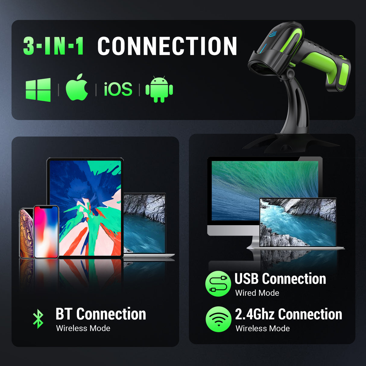 Tera Barcode Scanner Wireless with NFC: 1D 2D QR with Battery Level Indicator 5 ID Badge Holders Works with Bluetooth 2.4G Wireless USB Wired Industrial Grade Bar Code Reader Pro Version 8200NFC