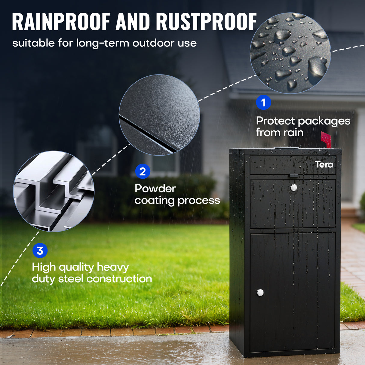 Black outdoor storage unit with rainproof and rustproof features, shown outdoors.