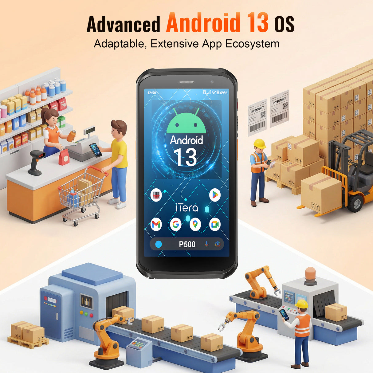 iTera P500 Rugged Android 13 Barcode Scanner PDA