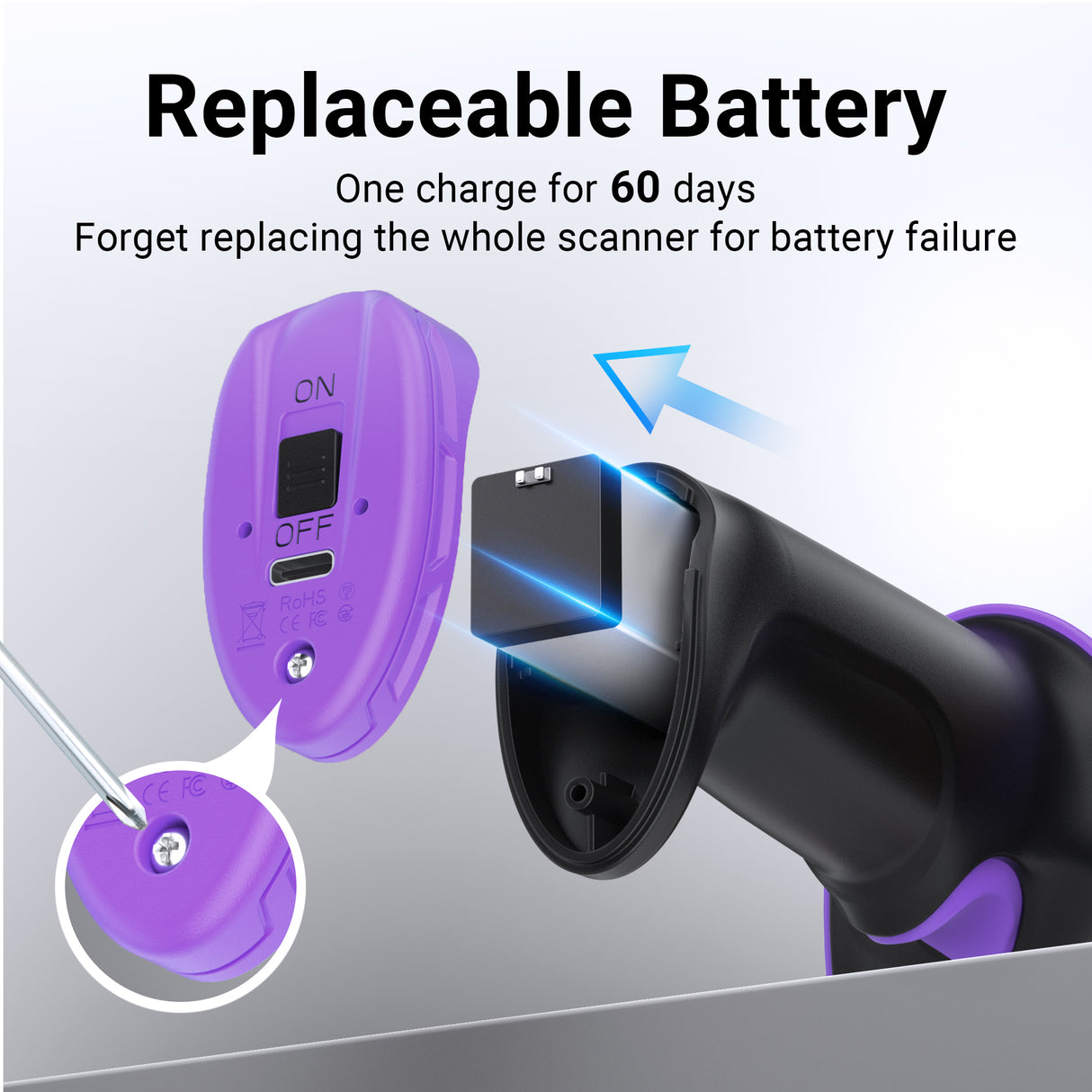 D6100 Pro 2D Wireless Barcode Scanner with Stand Purple