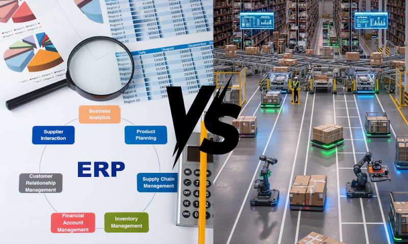 ERP modules and business analytics contrasted with smart warehouse automation, illustrating erp vs wms systems.