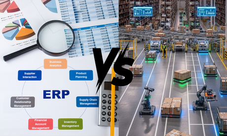 ERP modules and business analytics contrasted with smart warehouse automation, illustrating erp vs wms systems.