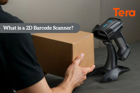 A 2D barcode scanner by TEKO with a red laser, featuring BT Connection (Wireless Mode) and USB Connection (Wired Mode) options, displayed on a blue background.