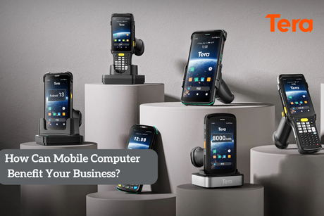 Various types of mobile computers including a tablet, barcode scanners, and a docking station on a grassy platform.