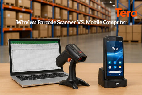Wireless barcode scanner with battery vs. mobile computer with Android 13 and WiFi 6, showcasing durability and tech specs.