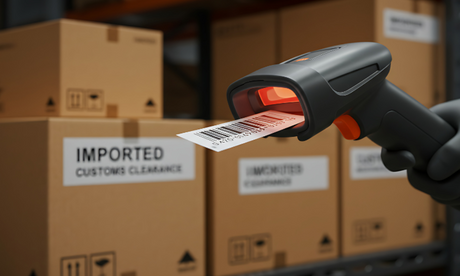 A barcode scanner scanning a barcode, with boxes labeled "Imported" and "Customs Clearance" in the background, for inventory management.