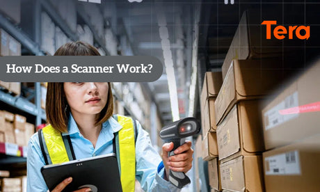 A warehouse worker in a high-visibility vest uses a Tera barcode scanner to inventory boxes on shelves in a storage facility.