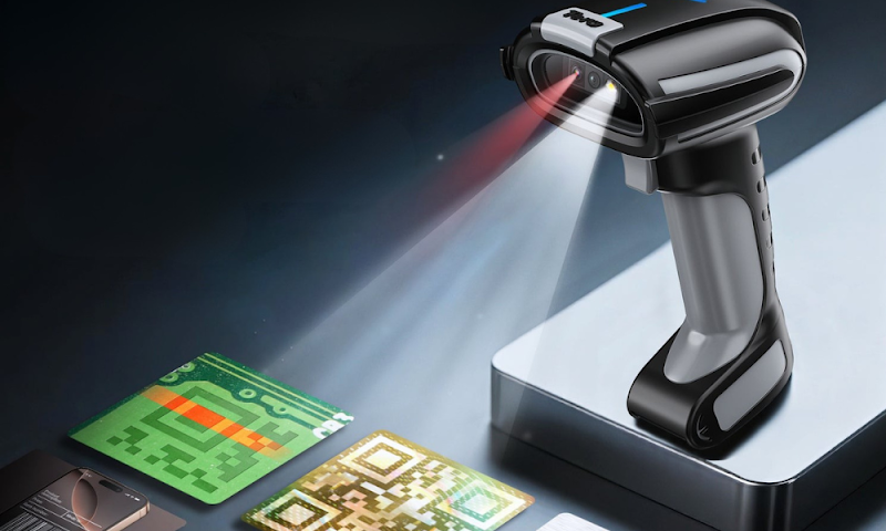 Barcode scanner calibrating colorful QR codes on a reflective surface, illustrating fixing poor reads and maintaining accuracy.