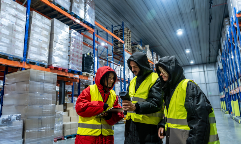 Warehouse staff using handheld devices to track inventory, showing enterprise mobile device management in modern logistics operations.
