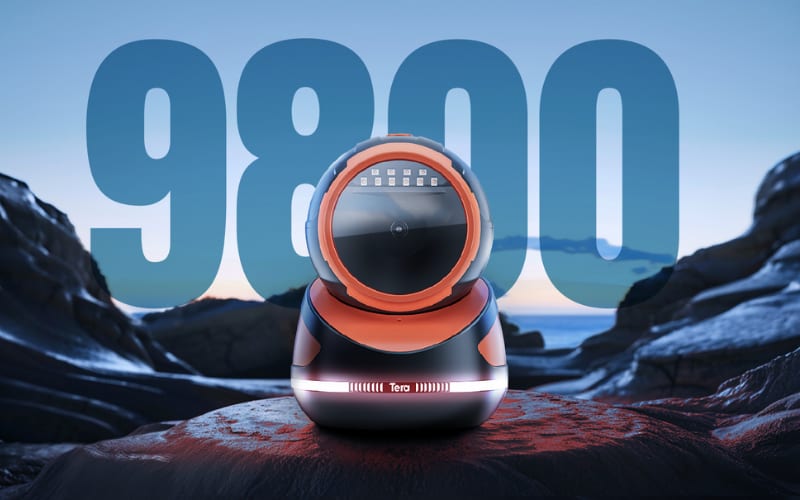 Barcode scanner model 9800 showcased against a scenic background, highlighting its features and capabilities.