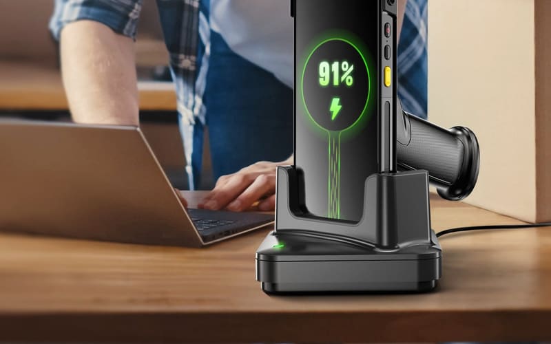 Barcode scanner showing 91% battery charge on a dock, with a guide on types, charging, replacement, and buying tips.
