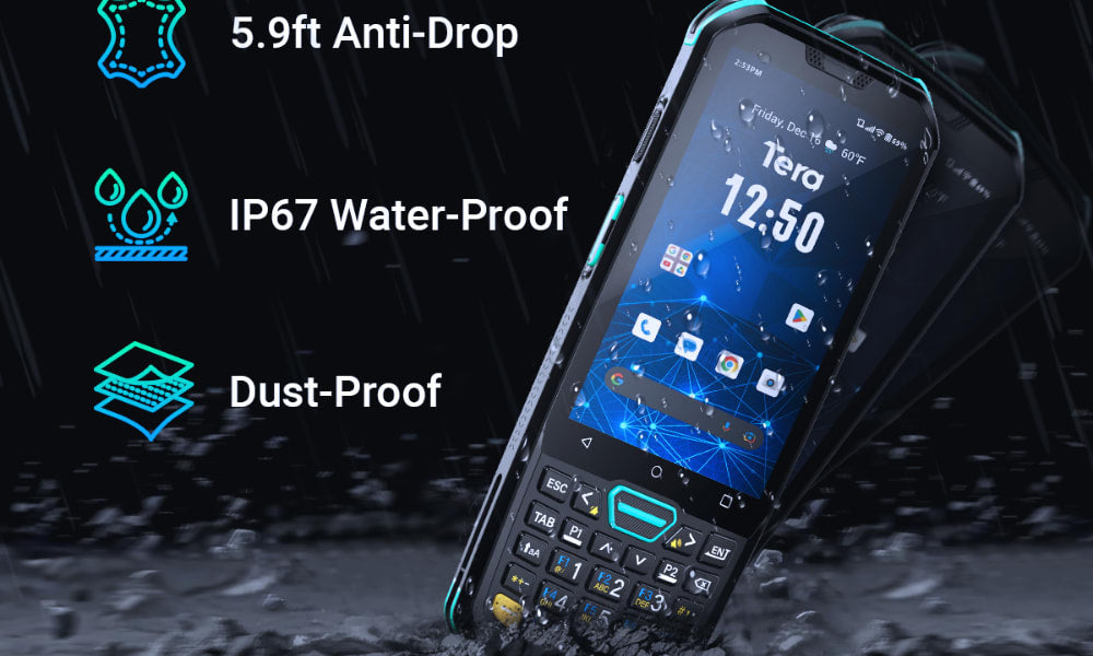 Rugged Android barcode scanners featuring 5.9ft anti-drop, IP67 water-proof, and dust-proof standards for durability.