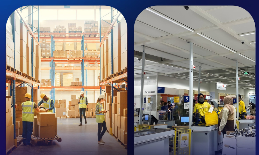 Warehouse and retail checkout scenes showcasing the real-world speed of barcode scanners in operations.