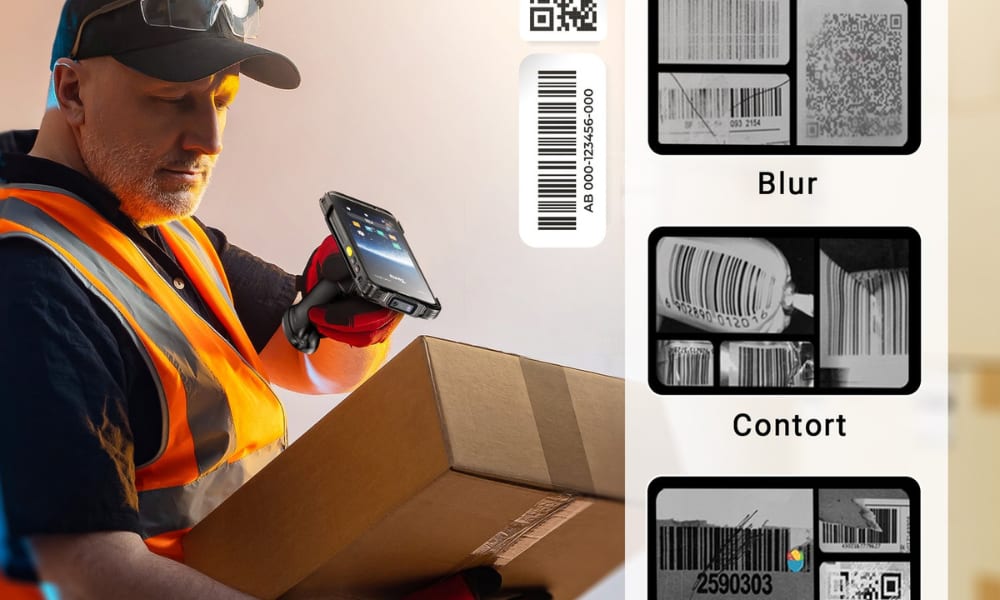 A worker scans a box with a pistol-grip Android scanner, showcasing ergonomic design enhancing warehouse productivity.