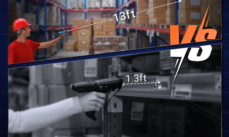Comparison of industrial barcode scanners: one scans from 13ft away, while the other from 1.3ft, highlighting reliability for smart manufacturing.