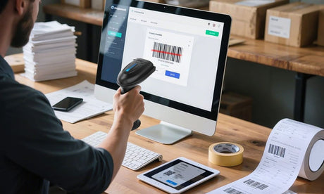 AIDC system in action, showcasing a user scanning a barcode with a scanner while working on a desktop computer.