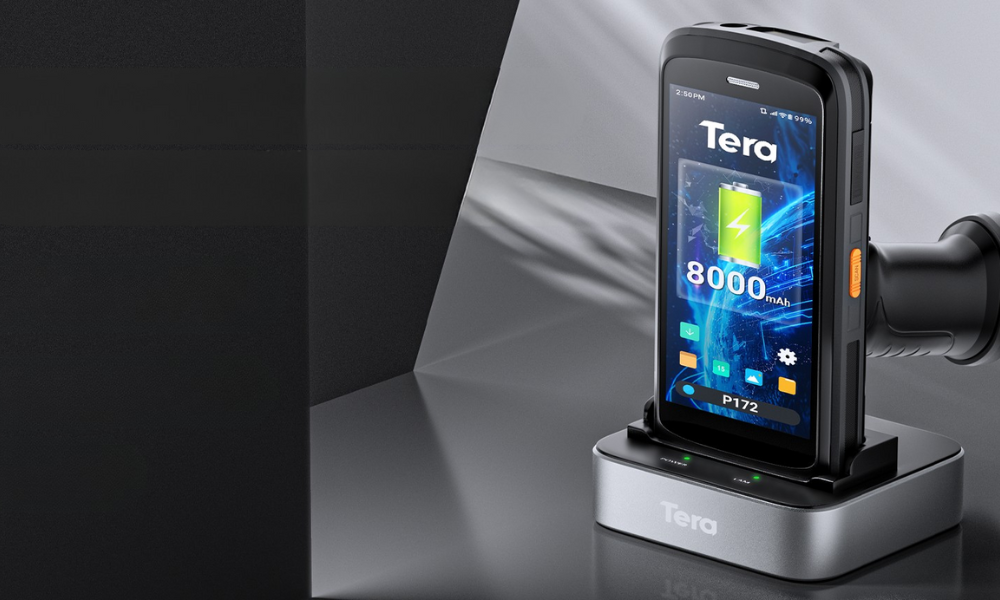 A smartphone securely placed in a charging cradle, displaying battery status and vibrant interface, ideal for efficient charging.