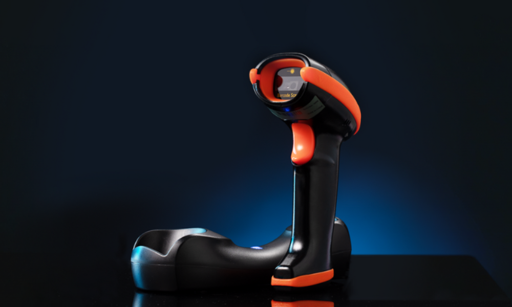 Wireless 2D barcode scanner showcasing ergonomic build, versatile usage, and key selection features.