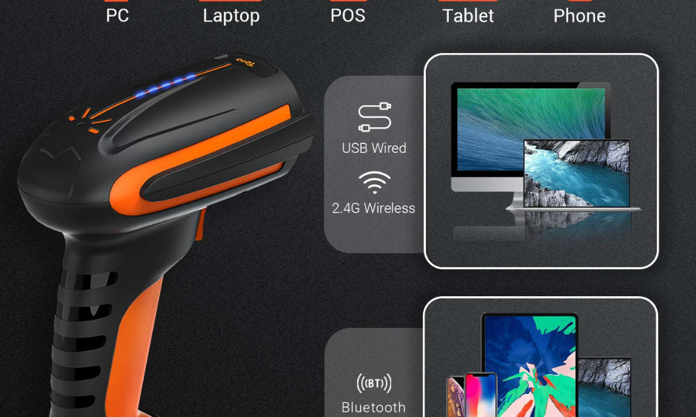 Barcode scanner compatibility for Android, POS systems, PC, tablets, and phones via USB, 2.4G wireless, or Bluetooth.