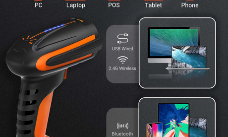 Barcode scanner compatibility for Android, POS systems, PC, tablets, and phones via USB, 2.4G wireless, or Bluetooth.