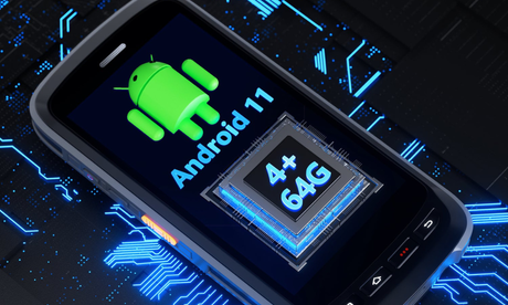 A smartphone displaying Android 11 with specifications 4GB RAM and 64GB storage devices on a tech background.