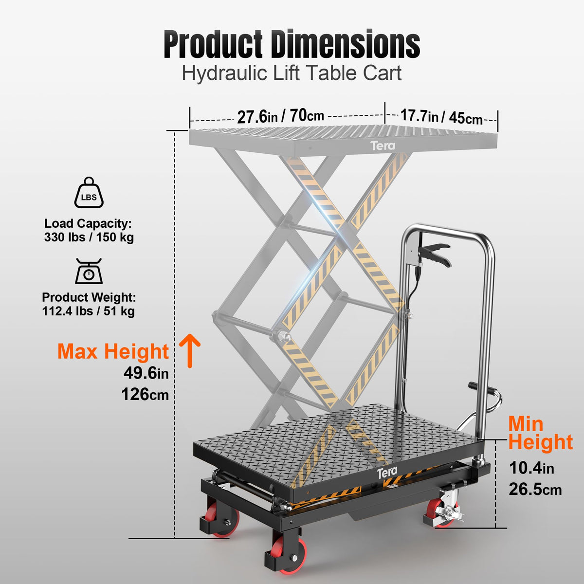 Hydraulic Lift Table Cart: 330lb Double Scissor 49.6" Lift Height