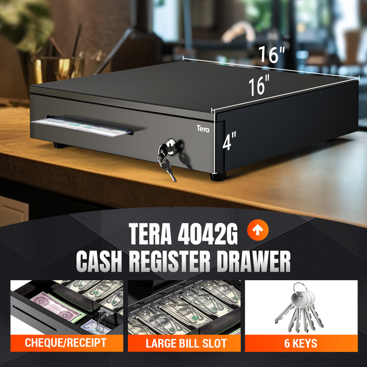 Tera 16" Cash Register Drawer for Point of Sale POS System with 6 Bill 4 Coin Cash Tray 6 Keys Auto Open Removable Coin Compartment Key-Lock 24V RJ12 Interface Media Slot for Small Business 4042G