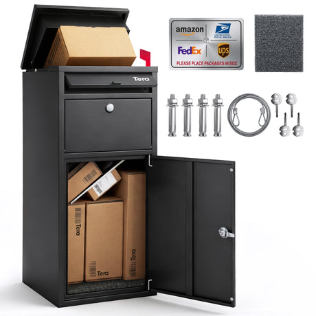 37-inch tall anti-theft package delivery box for outside, secure lockable parcel drop box for porch, weather-resistant metal construction