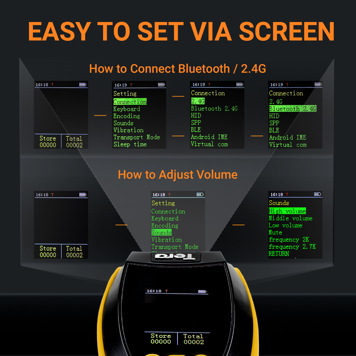 tera-hw0009-2d-wireless-barcode-scanner-with-display-screen yellow