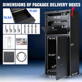 Dimensions of 37-inch anti-theft outdoor package delivery box showing internal capacity, drop slot size, and included mounting accessories
