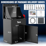 Dimensions of 23-inch anti-theft outdoor package delivery box showing interior storage size, drop slot opening, and included mounting accessories