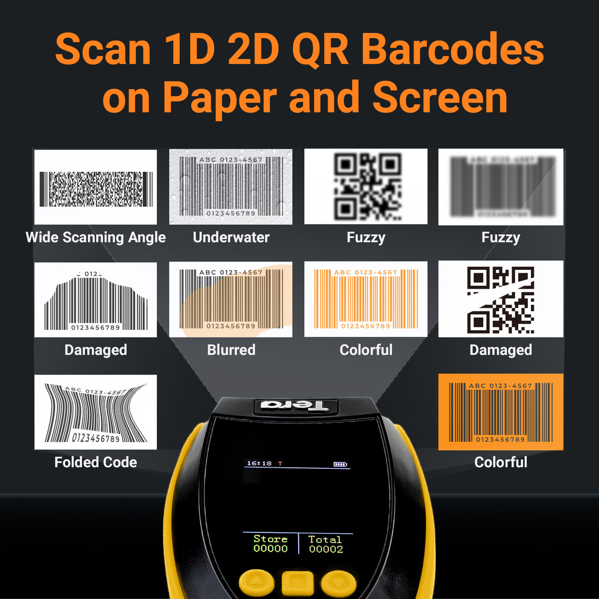 tera-hw0009-2d-wireless-barcode-scanner-with-display-screen yellow