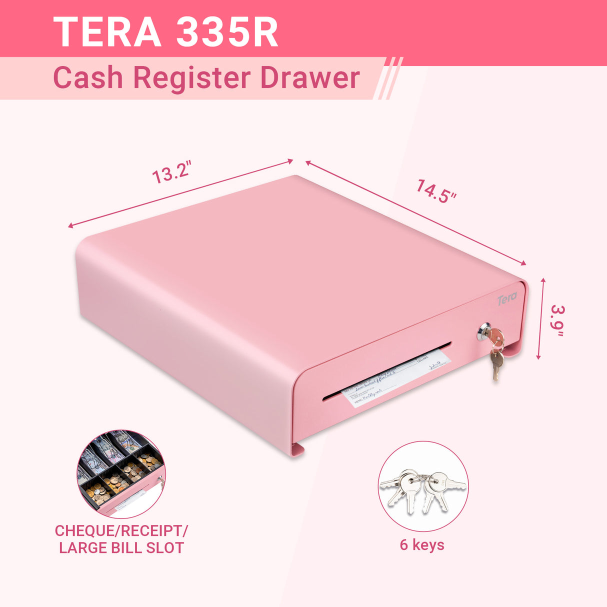 335R 13 inch 4 Bill 4 Coin Cash Drawer Pink