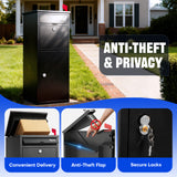 Anti-theft outdoor package delivery box placed by front porch showing secure drop slot, locking door, and parcel protection features