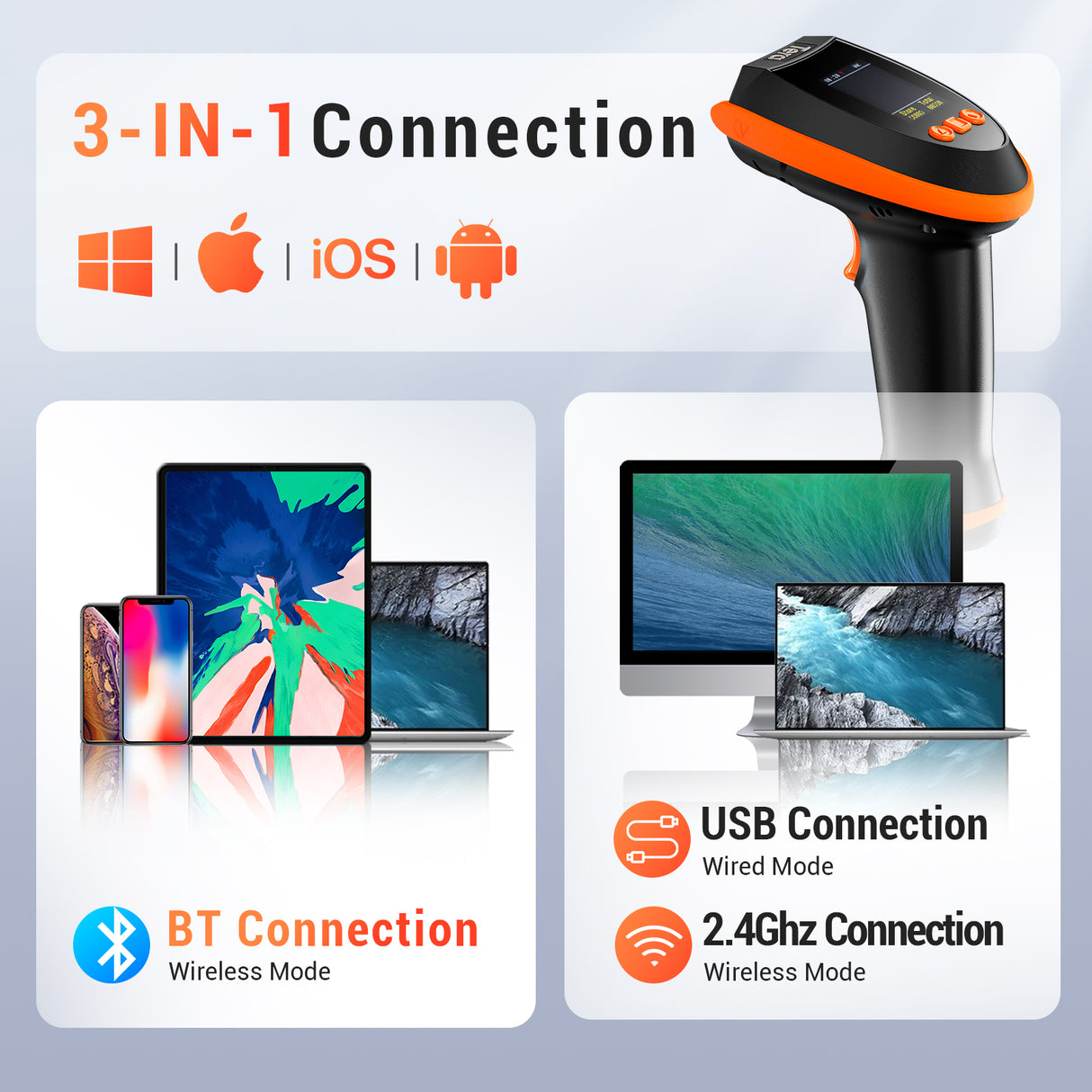 HW0009-Z 2D Wireless Barcode Scanner with Stand orange