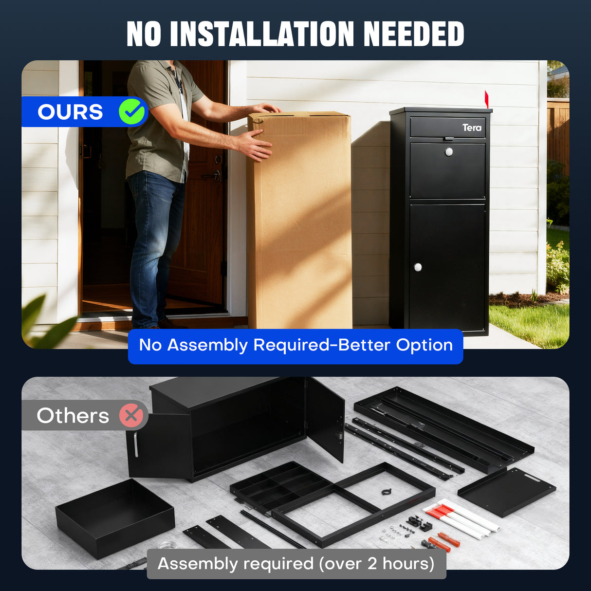 Tera Outdoor anti-theft package delivery box requiring no installation compared with competitor parcel box that needs assembly