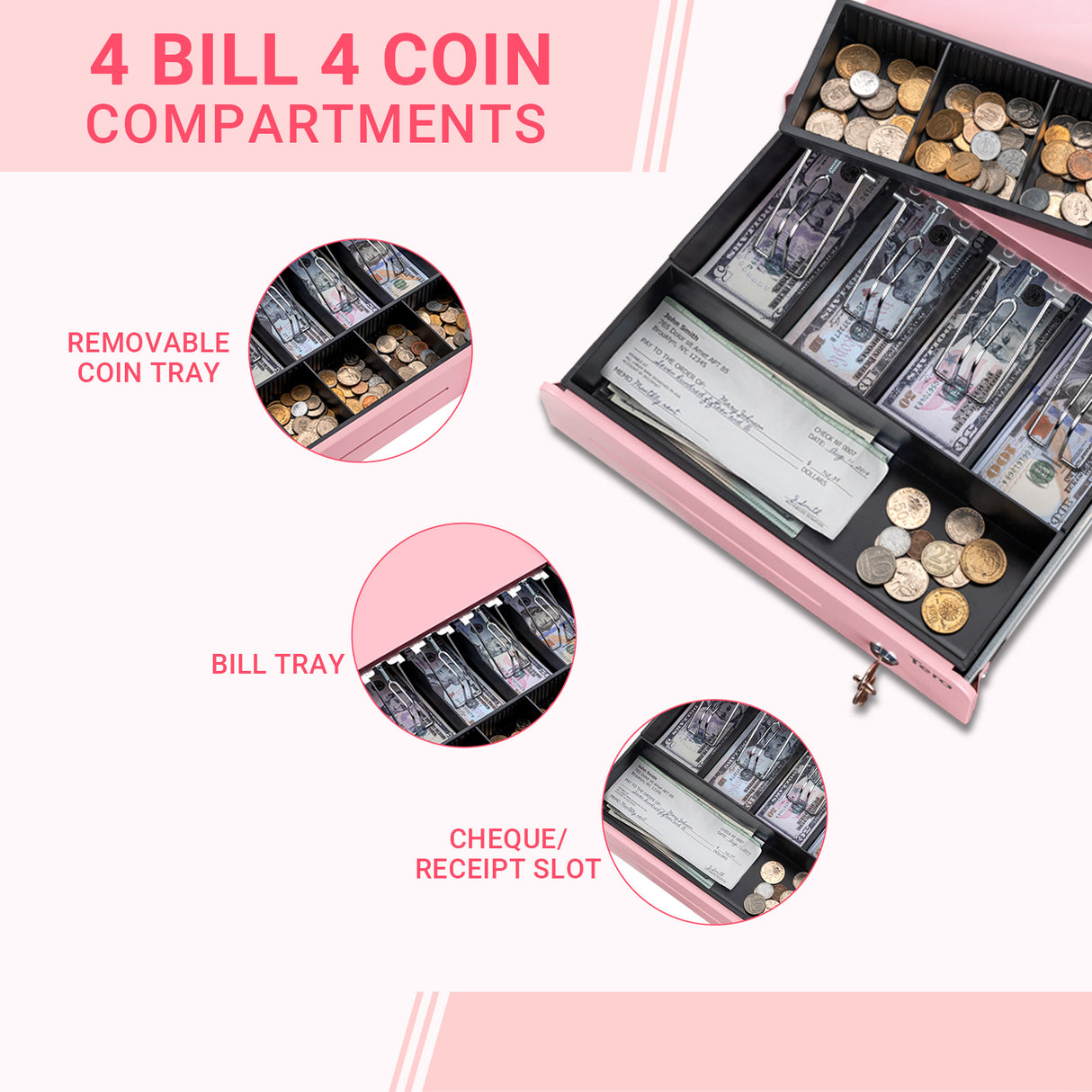 335R 13 inch 4 Bill 4 Coin Cash Drawer Pink