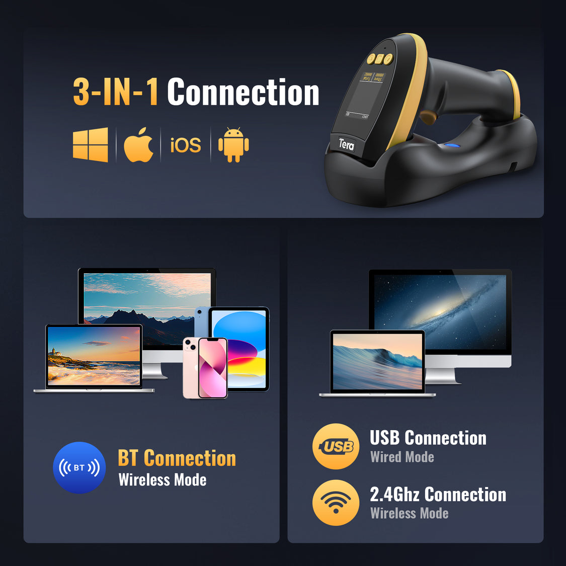 Tera digital hw0009 barcode scanner 2d qr wireless bar code reader