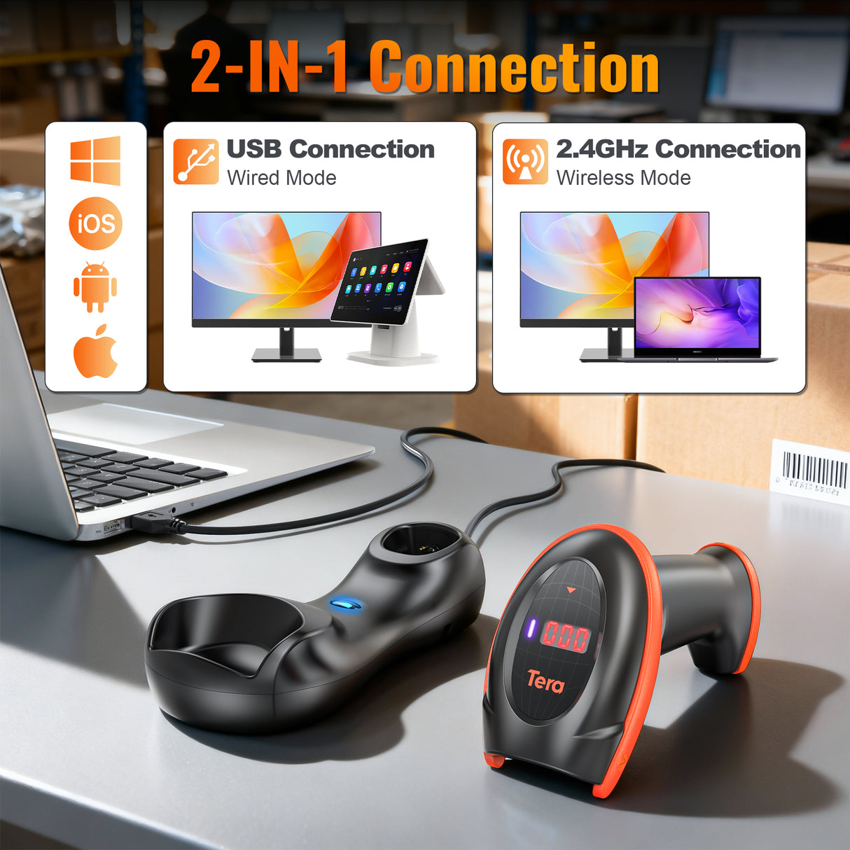 HW0008 2D Wireless Barcode Scanner with Cradle