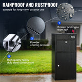 Black outdoor storage unit with rainproof and rustproof features, shown outdoors.